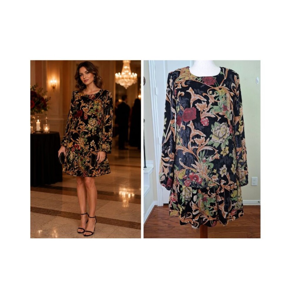 NEW Vintage Dress Floral Velvet Burnout Women 12 Ruffle Drop Waist Romantic Boho